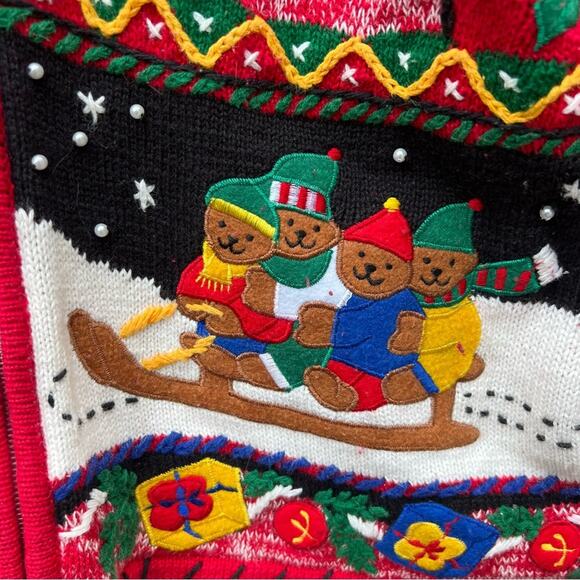 Vintage 90s Ugly Christmas sweater cardigan sledding teddy bears Americana bold - Picture 3 of 6